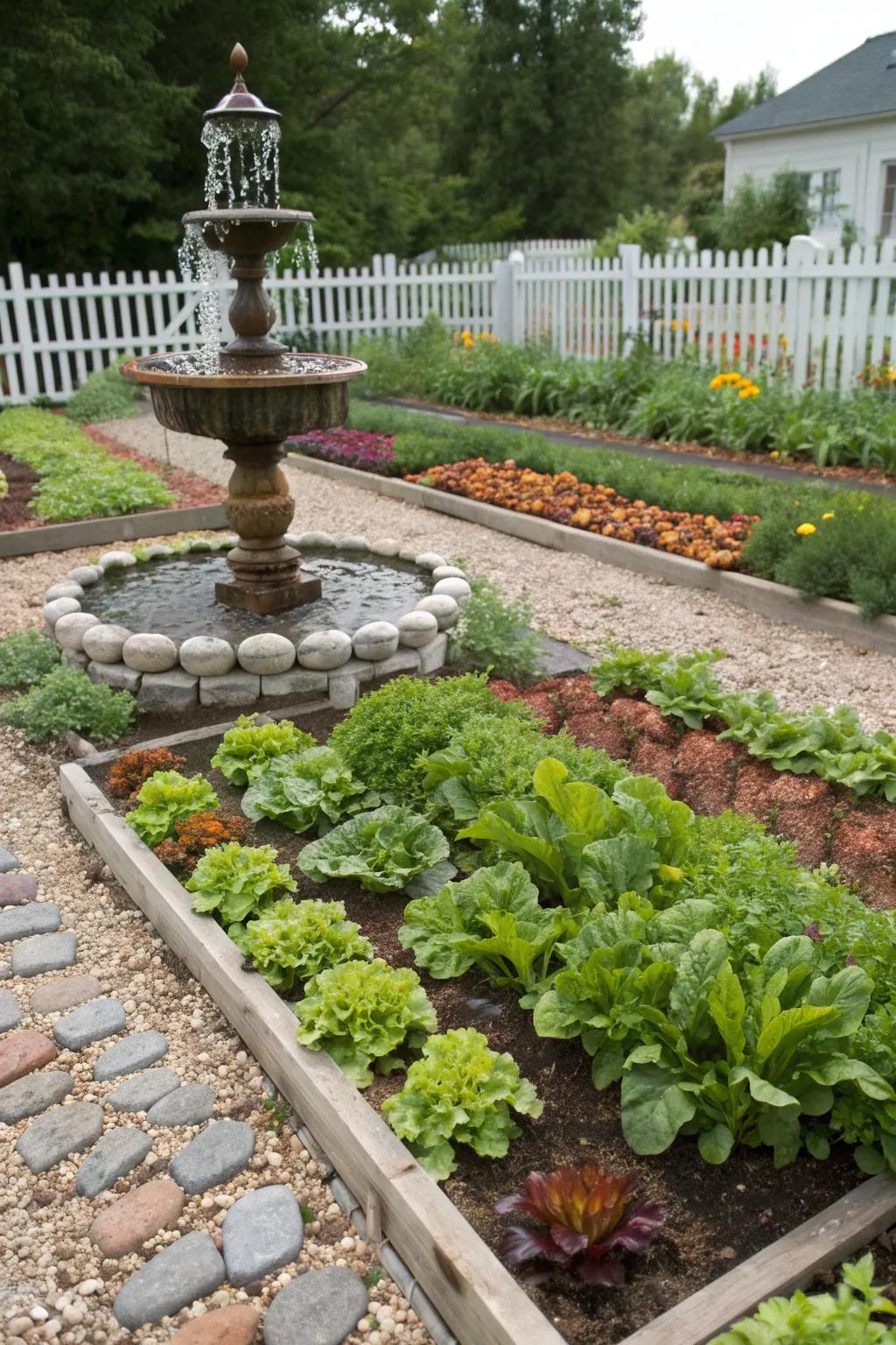 A peaceful water feature enhancing the garden's tranquility.