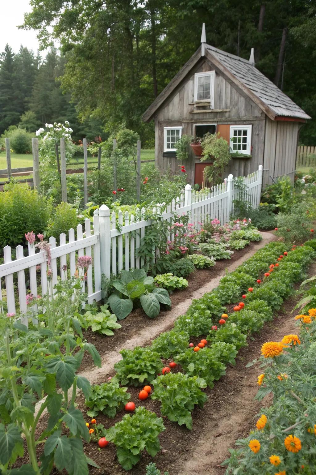 A whimsical cottage-style vegetable garden.