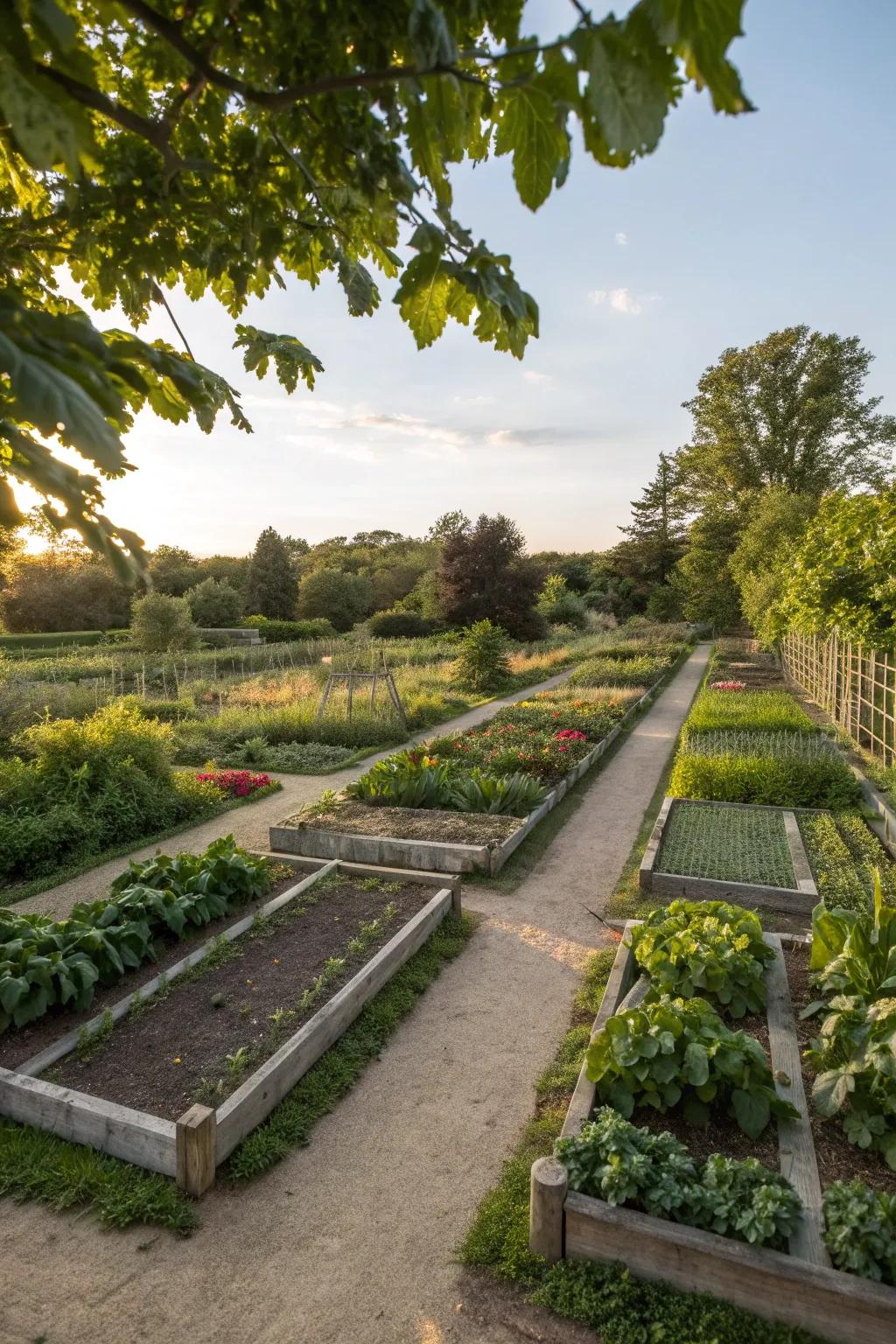 Symmetrical garden beds creating a harmonious space.