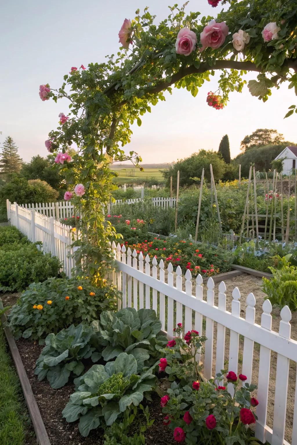 A charming picket fence adorned with climbing roses.