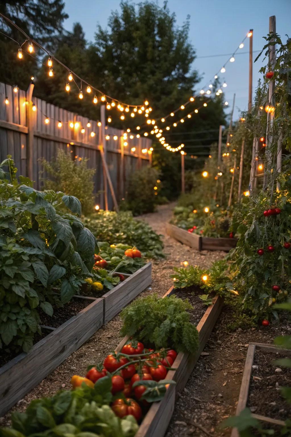 Fairy lights casting a magical glow over the garden.