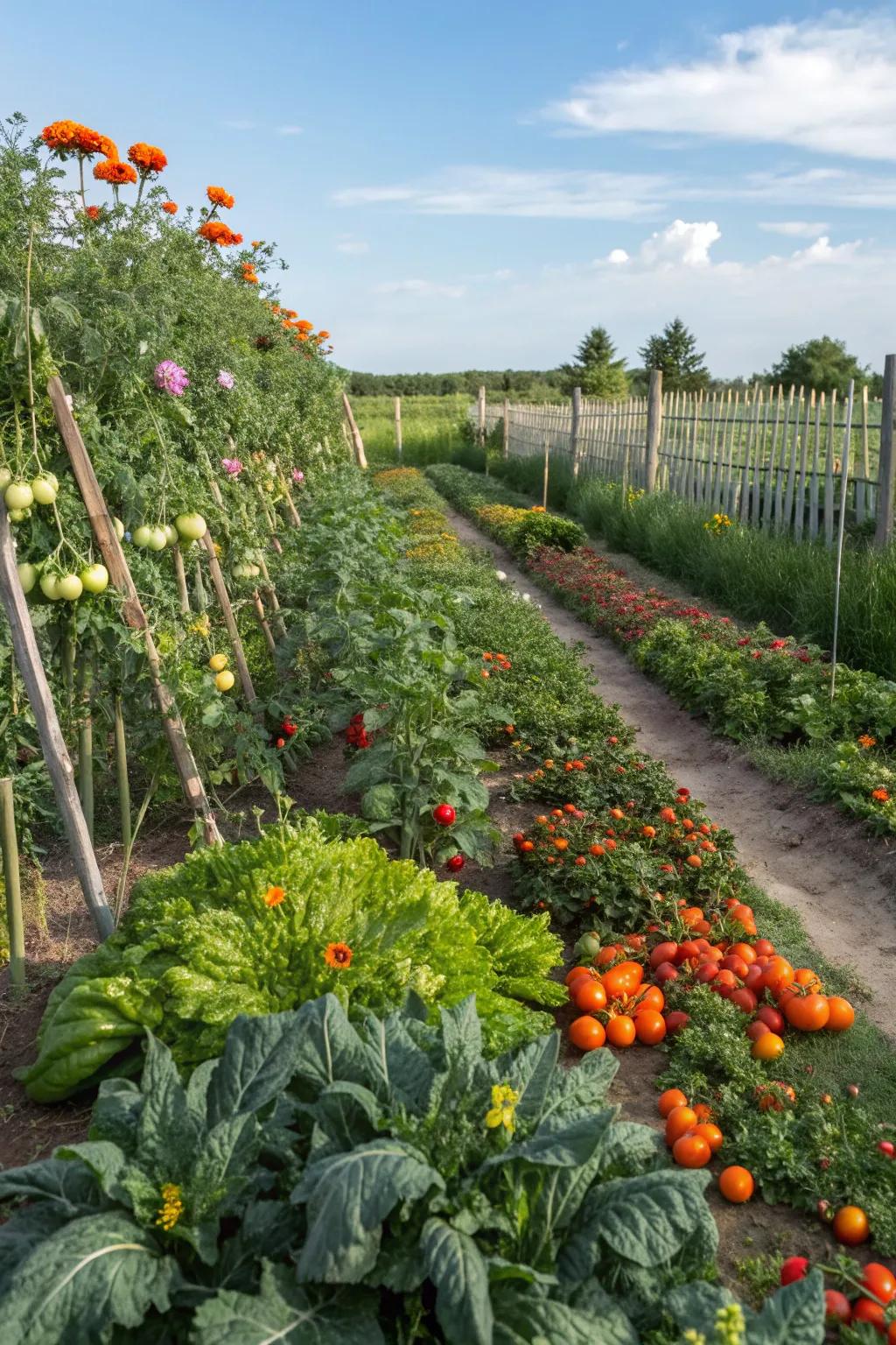 A harmonious blend of vegetables and flowers in a garden.