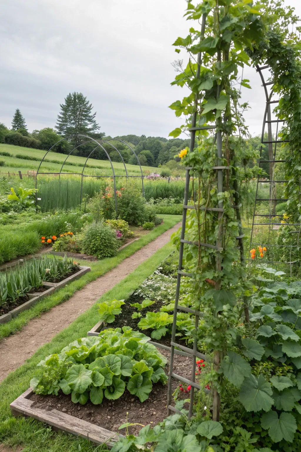Trellises adding height and charm to a vegetable garden.
