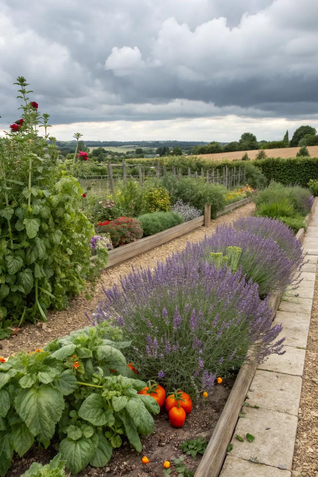 Edible borders of lavender and thyme enhancing the garden.