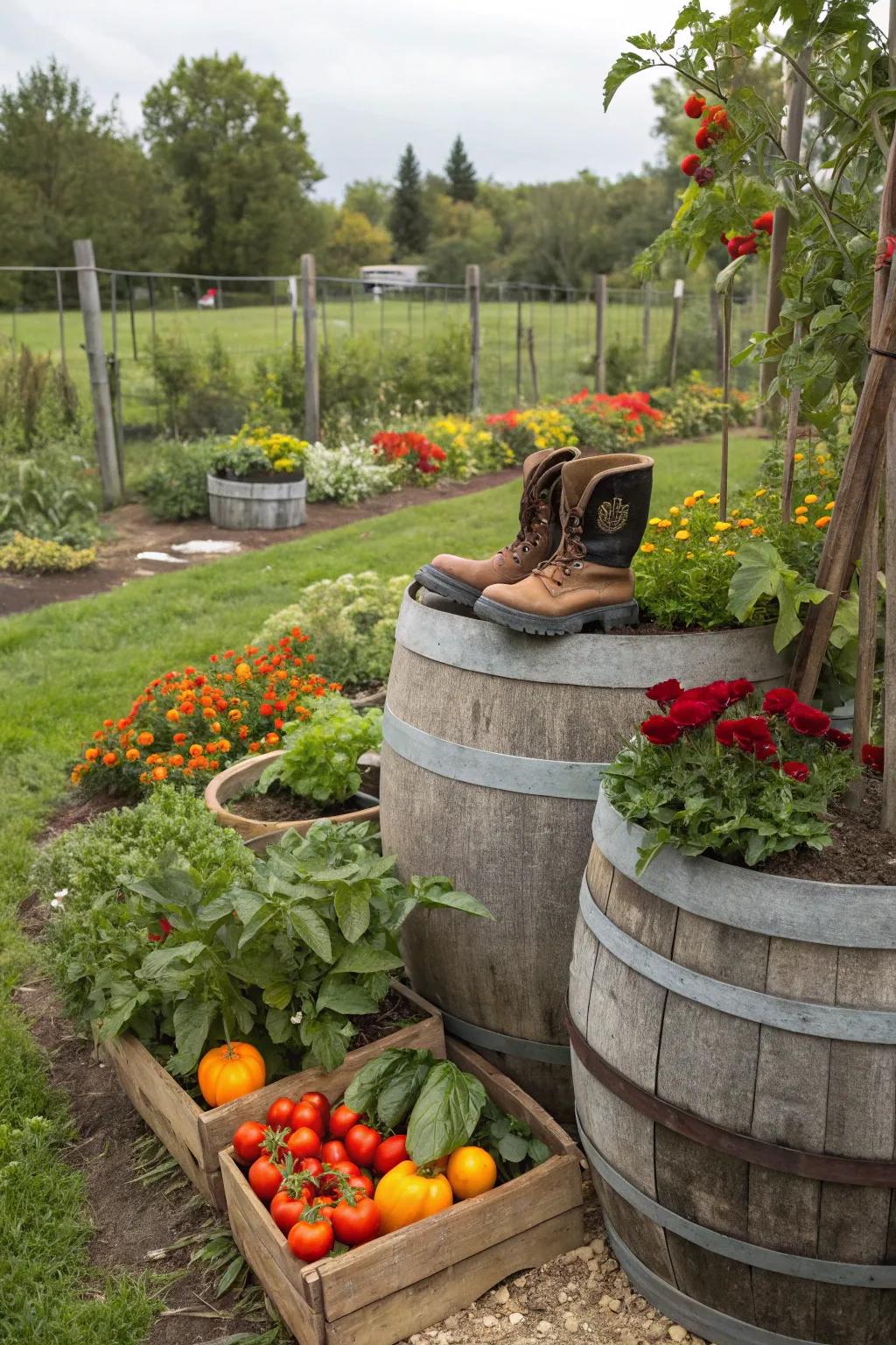 Quirky planters adding personality to the garden.