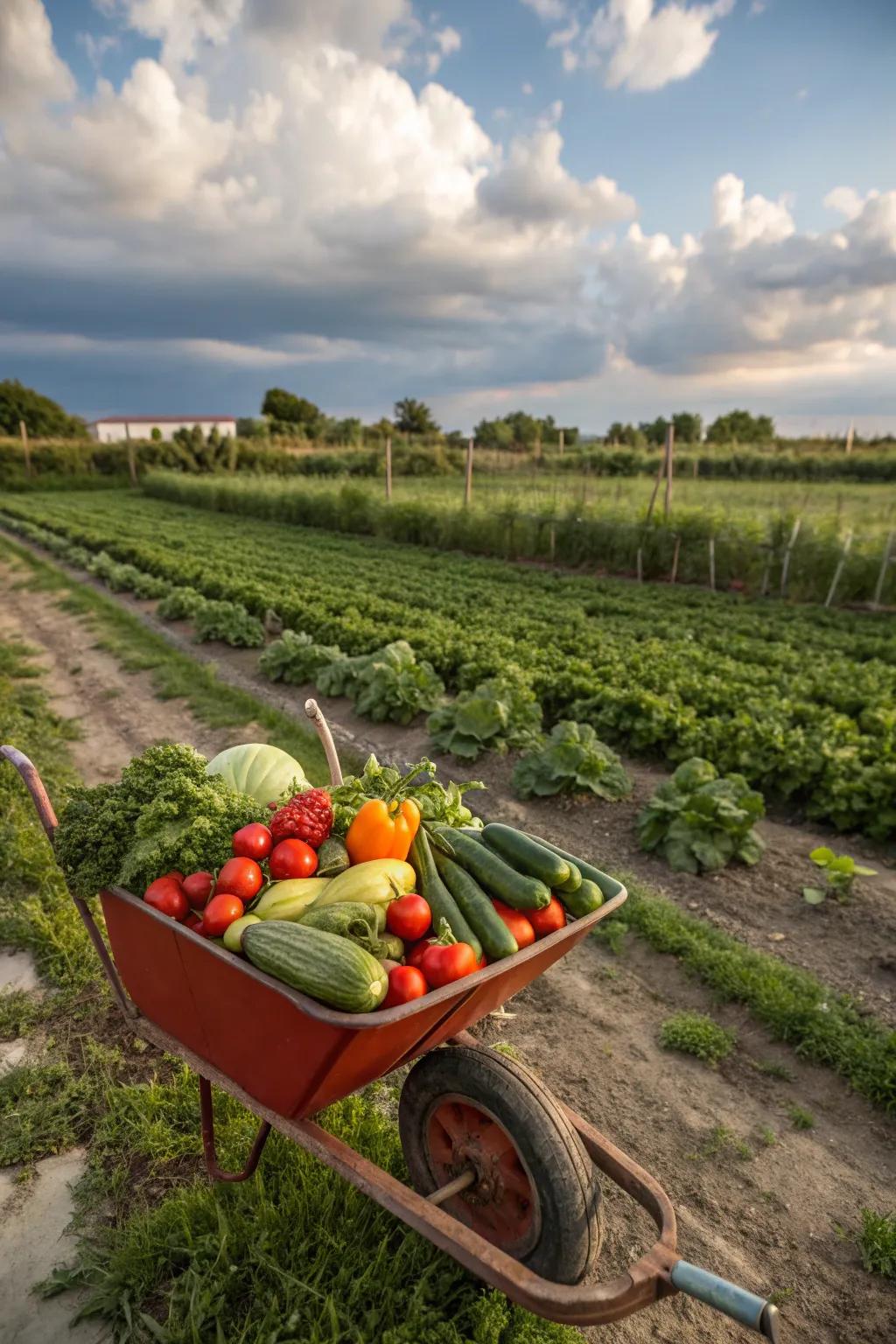 A rustic wheelbarrow planter adding charm to the garden.