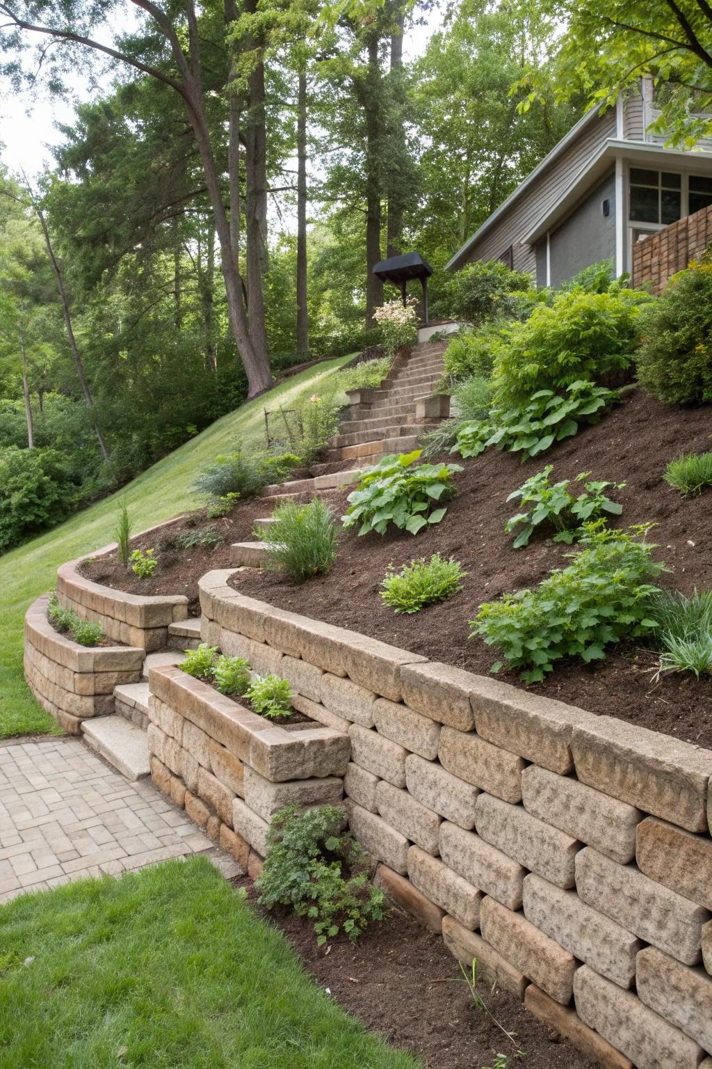 Retaining wall effectively managing a sloped garden landscape.