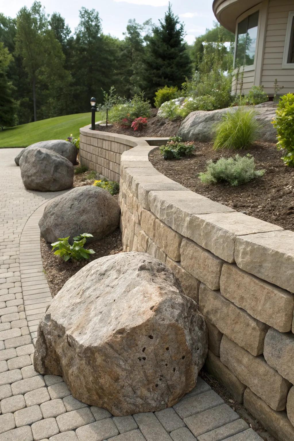 Dramatic boulders featured in a paver retaining wall design.
