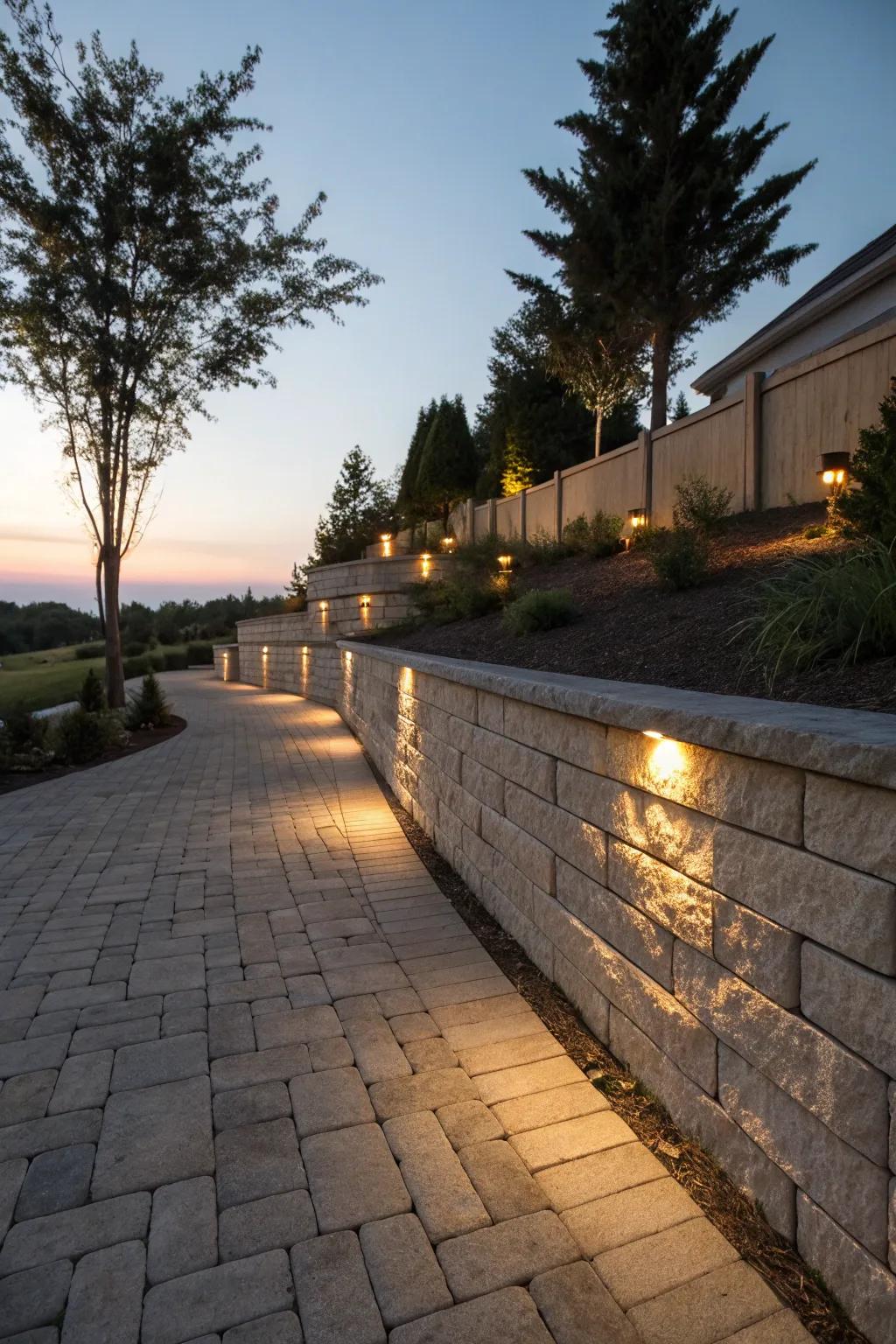 Paver retaining wall beautifully lit with LED lights at dusk.