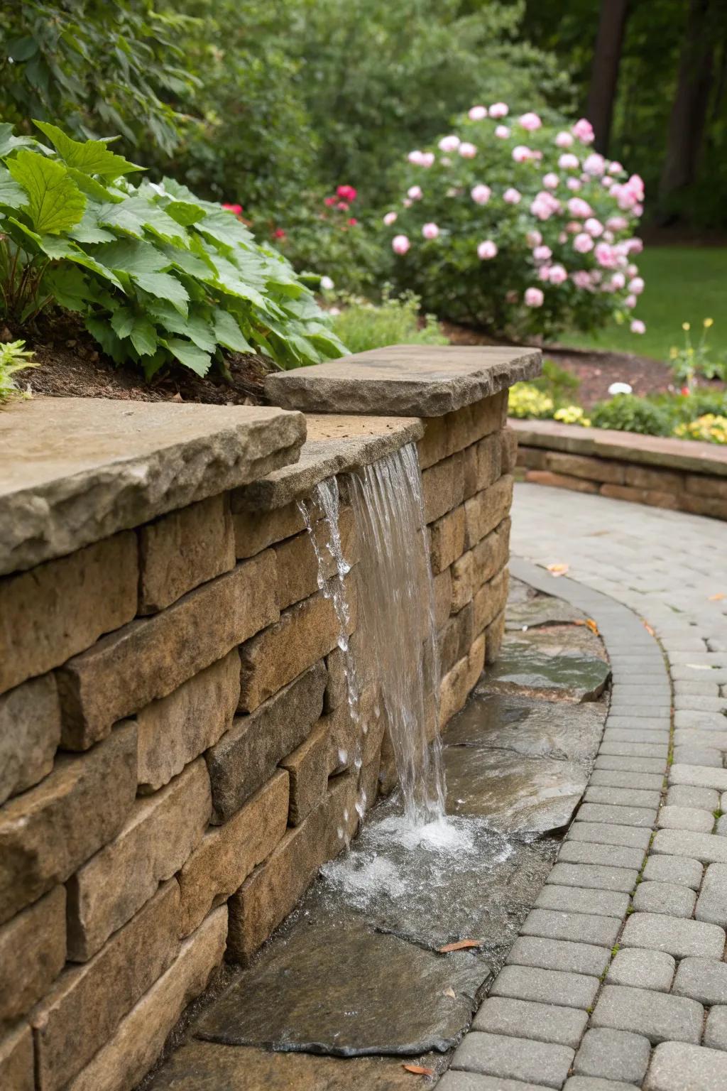 A soothing waterfall feature integrated into a paver retaining wall.