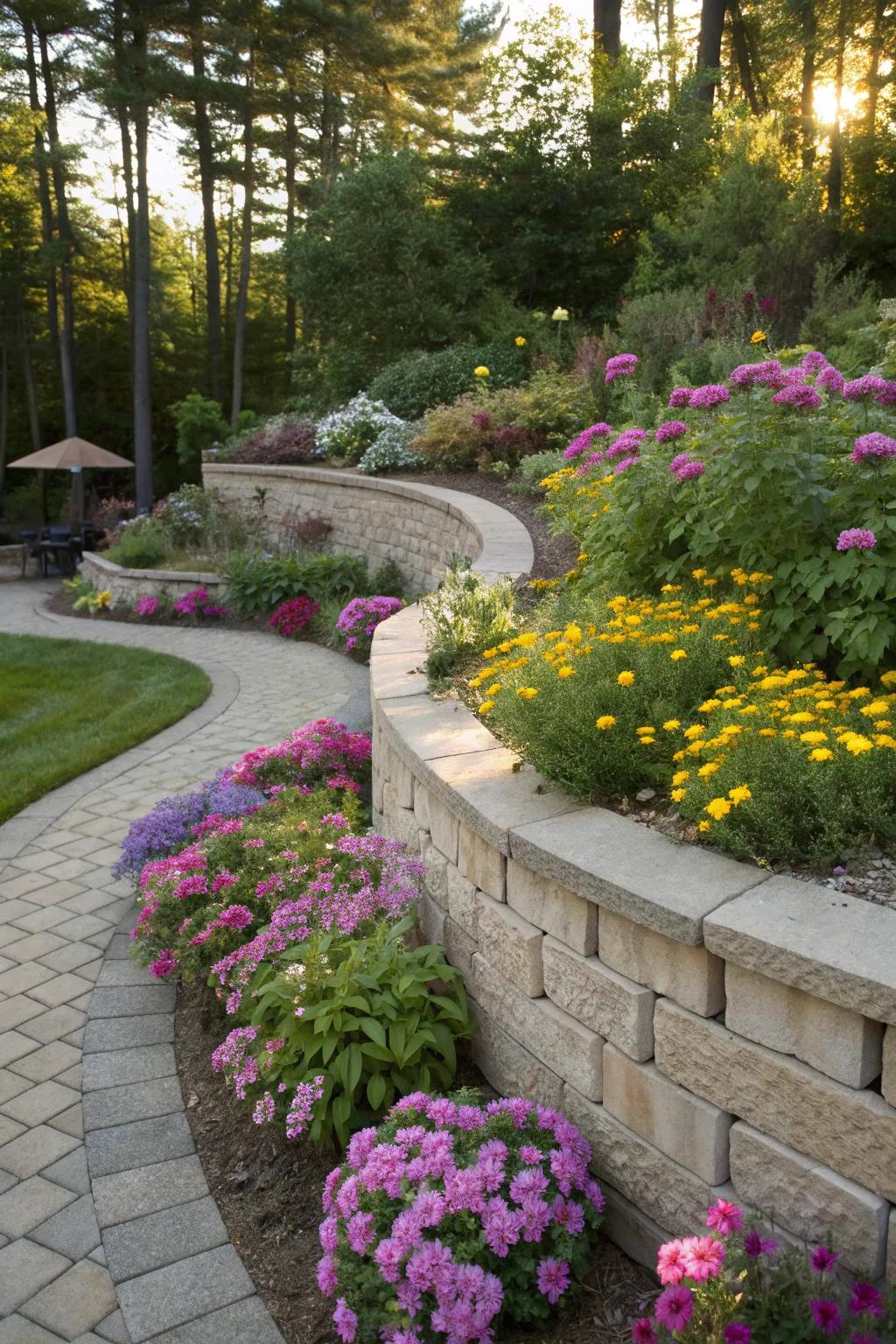 A beautiful curved paver retaining wall enhancing garden aesthetics.