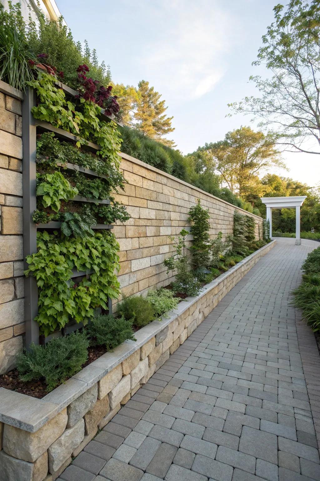 Innovative vertical garden integrated into a paver retaining wall.