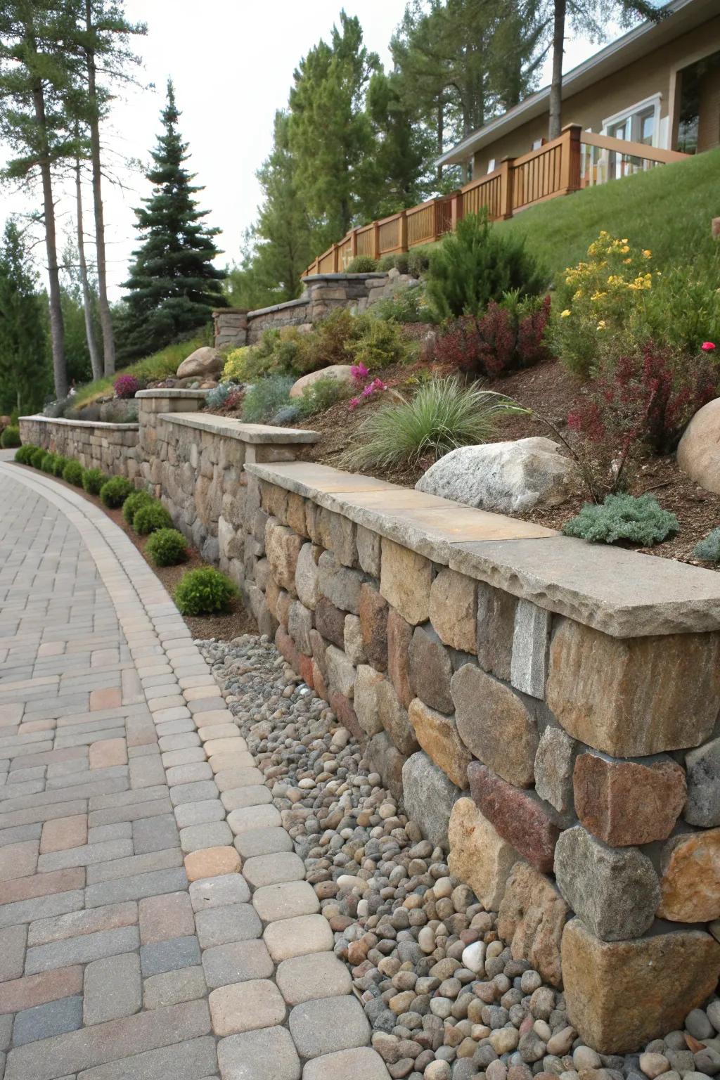A paver retaining wall showcasing diverse stone textures and colors.