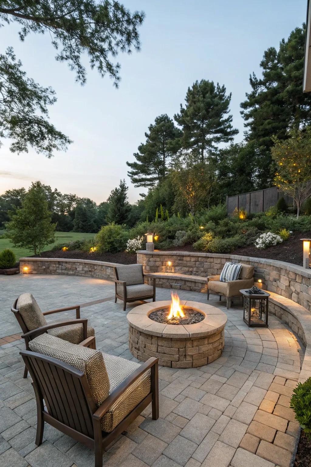 Inviting outdoor living space with a fire pit and paver retaining walls.