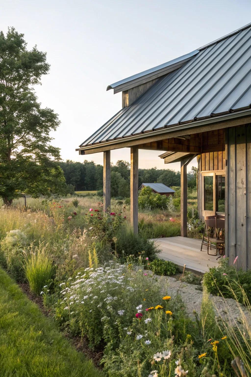 Modern metal porch roof on a shed surrounded by a rustic garden.