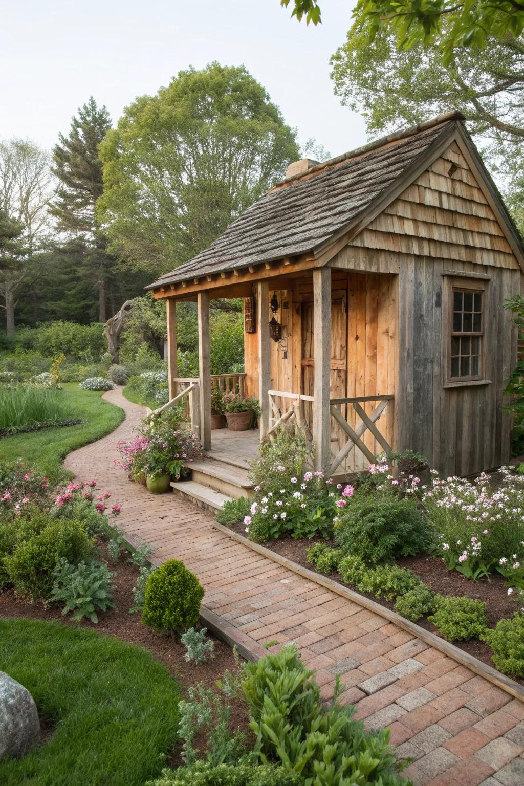Shed with a rustic wooden shingle porch roof in a country-style garden.