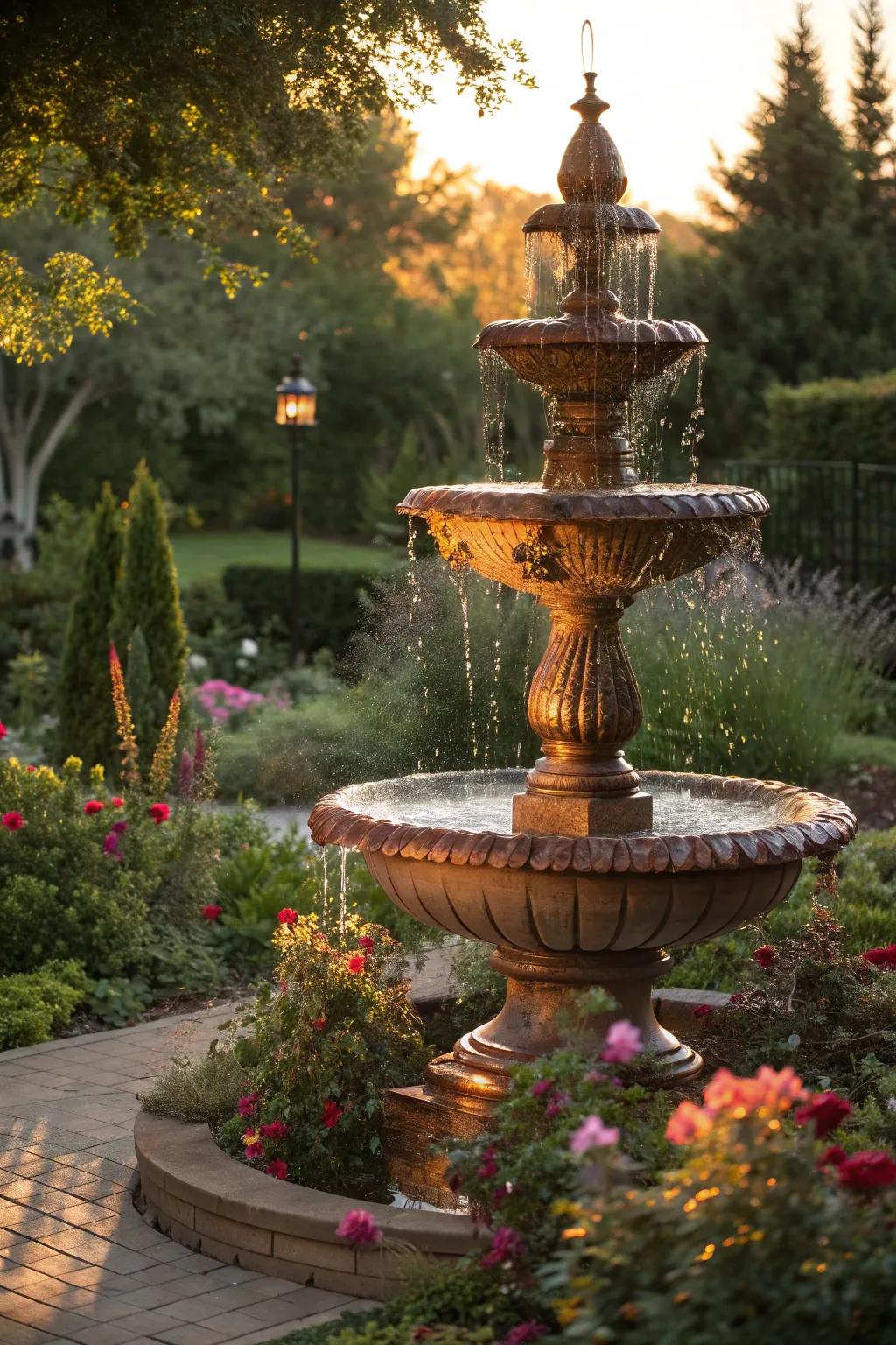 Enjoy the warm glow of a copper fountain.