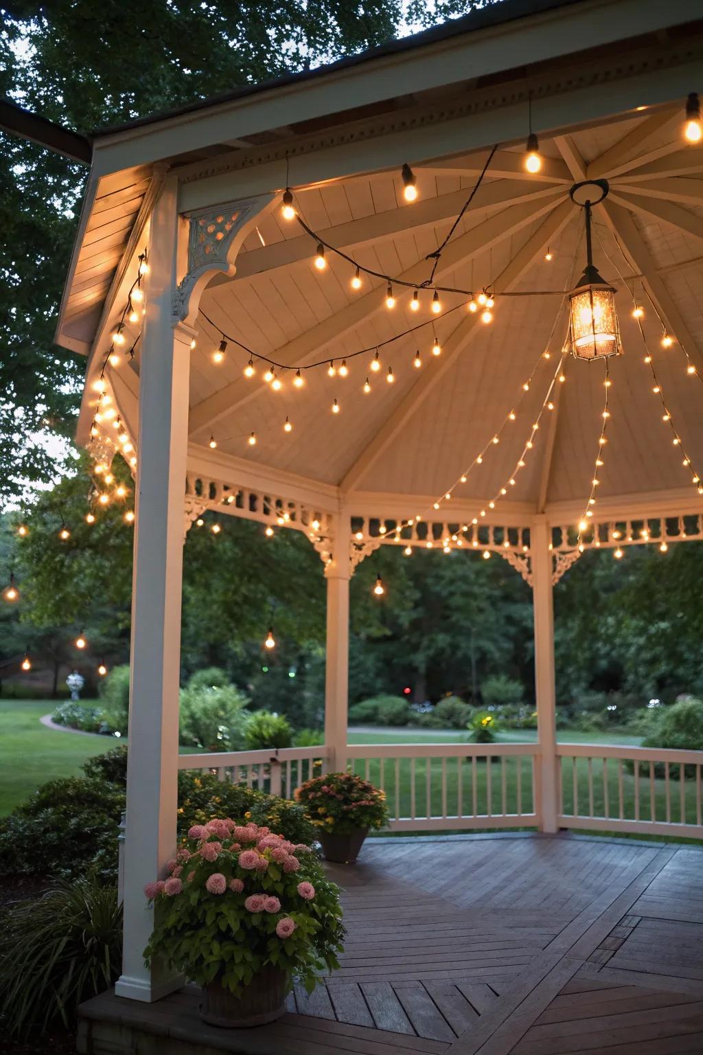 String lights create a magical ambiance in your gazebo.