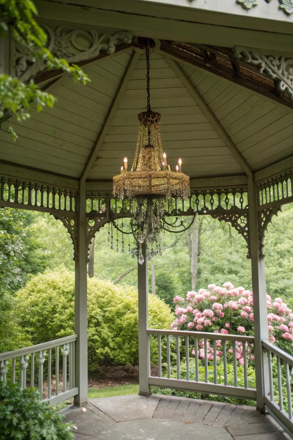 A chandelier can add a touch of elegance to your gazebo.