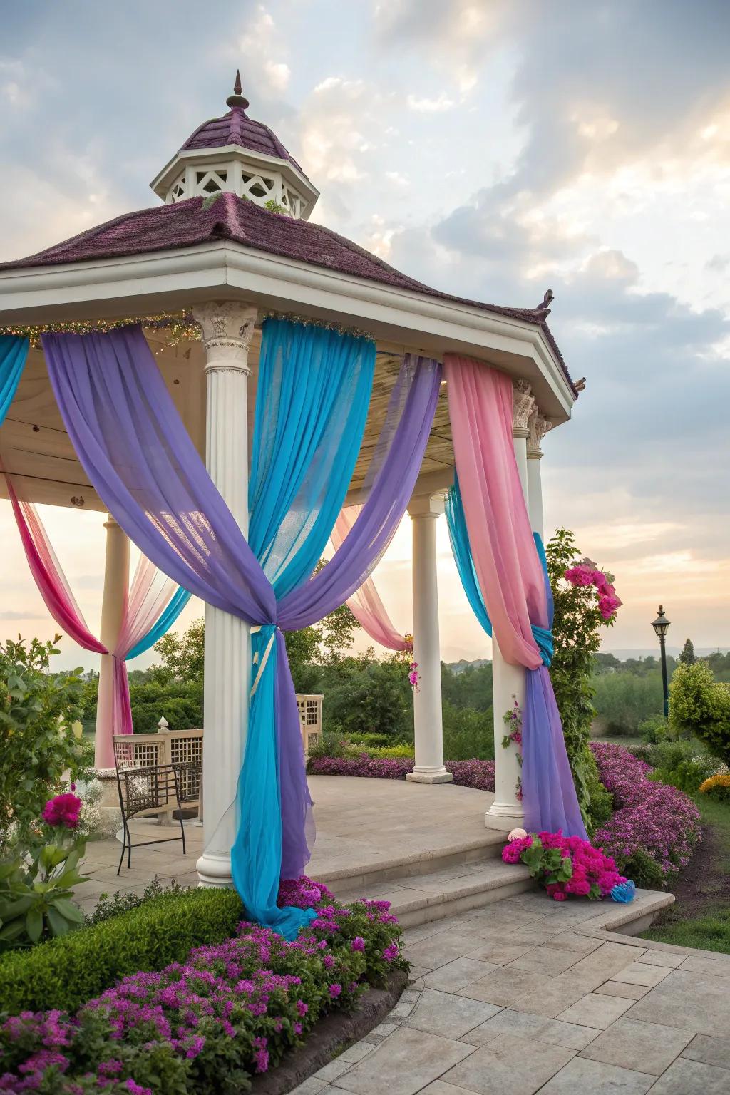 Colorful fabric drapes create a cozy, inviting atmosphere.