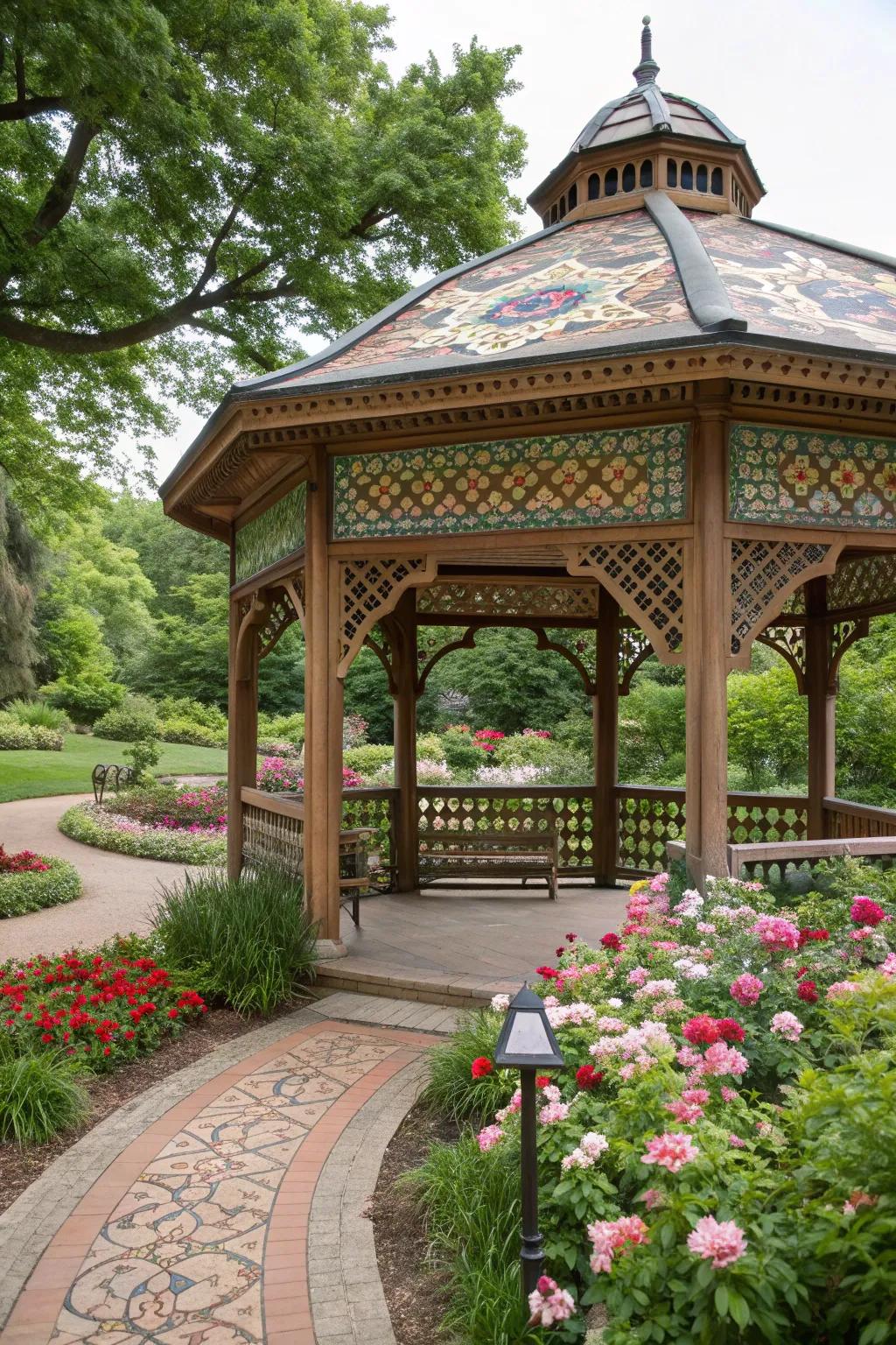 Patterned ceiling tiles add depth and interest.