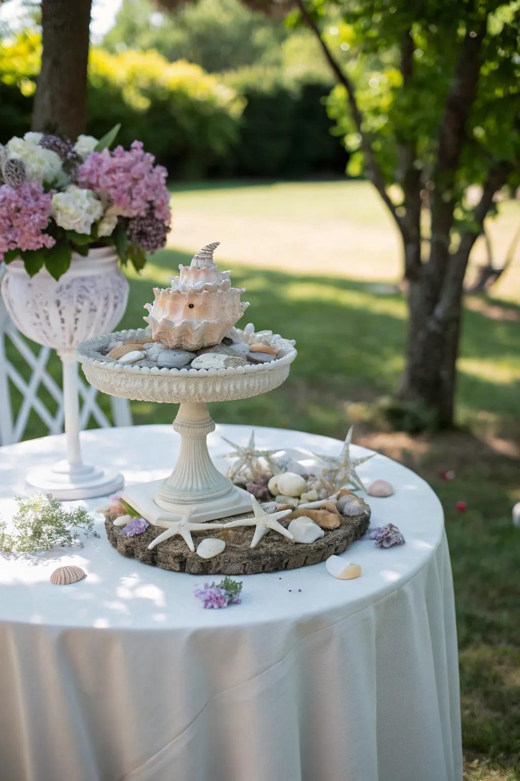 Elegantly decorate your garden table with a seashell centerpiece.