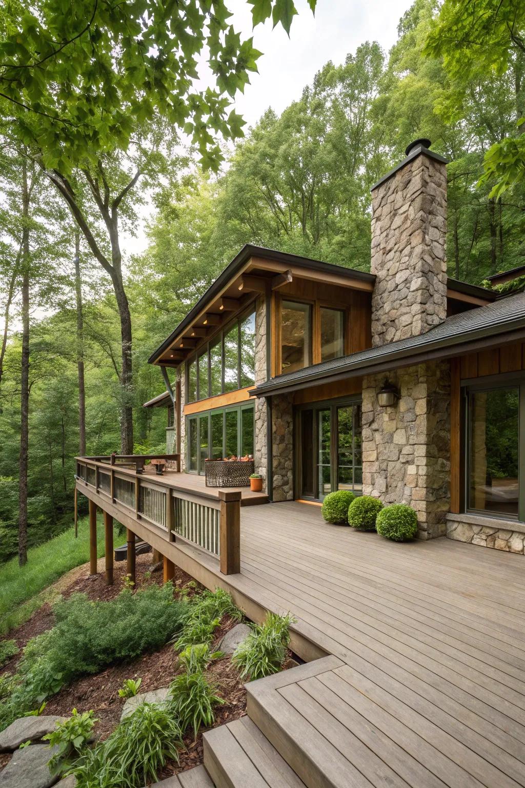 Rustic and harmonious look from natural wood and stone