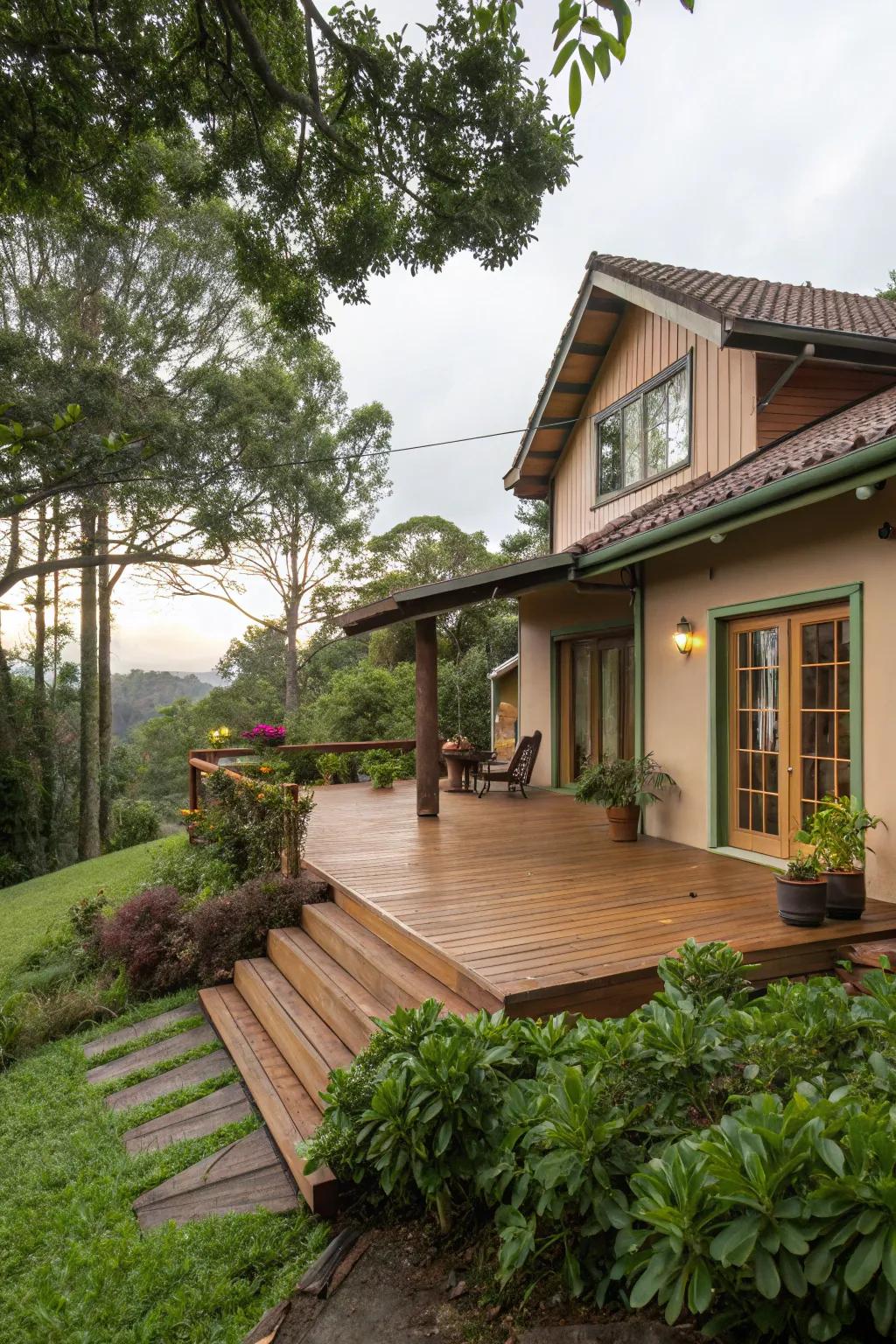 Inviting and cozy decks with warm browns and reds