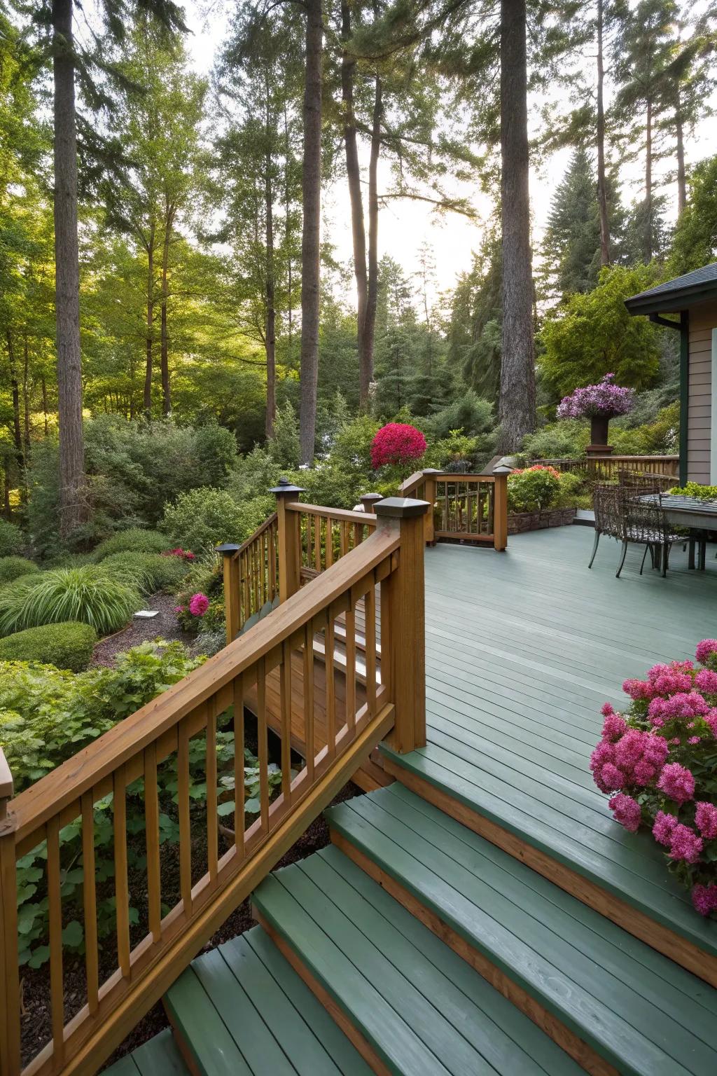 Harmony of green tones and oak for an organic outdoor vibe