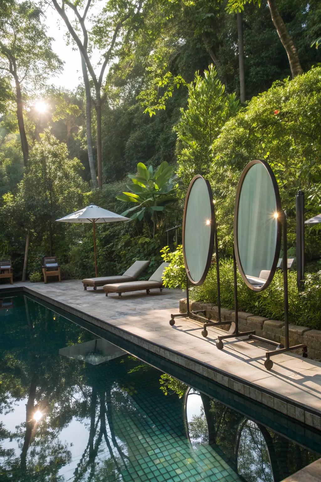 Mirrors expand the perceived space and brighten the pool area.