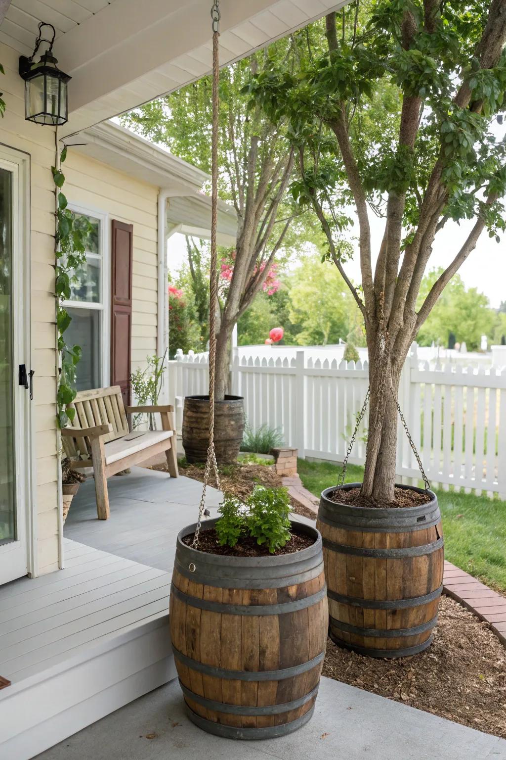 Rustic containers lend a cozy, country feel to the porch.