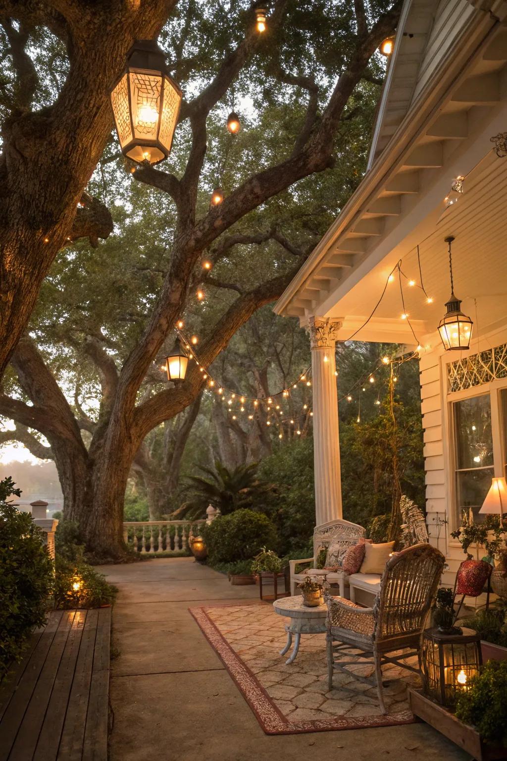 Whimsical trees and lighting create a fairy tale porch ambiance.