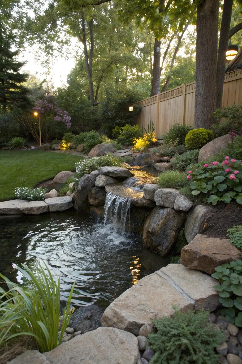 A calming water feature that adds ambiance to the garden.