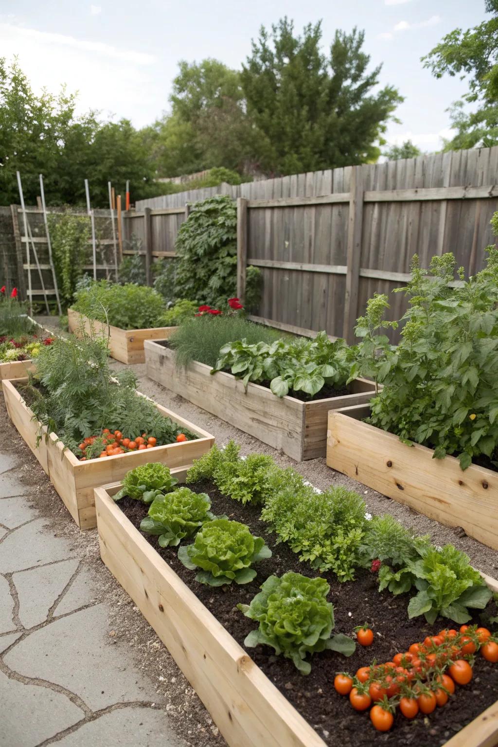 Organized raised beds full of fresh vegetables and herbs.