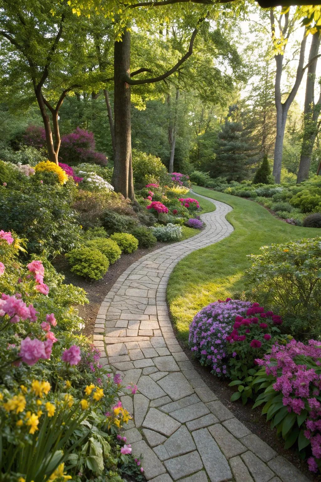 A charming stone pathway meandering through a garden.
