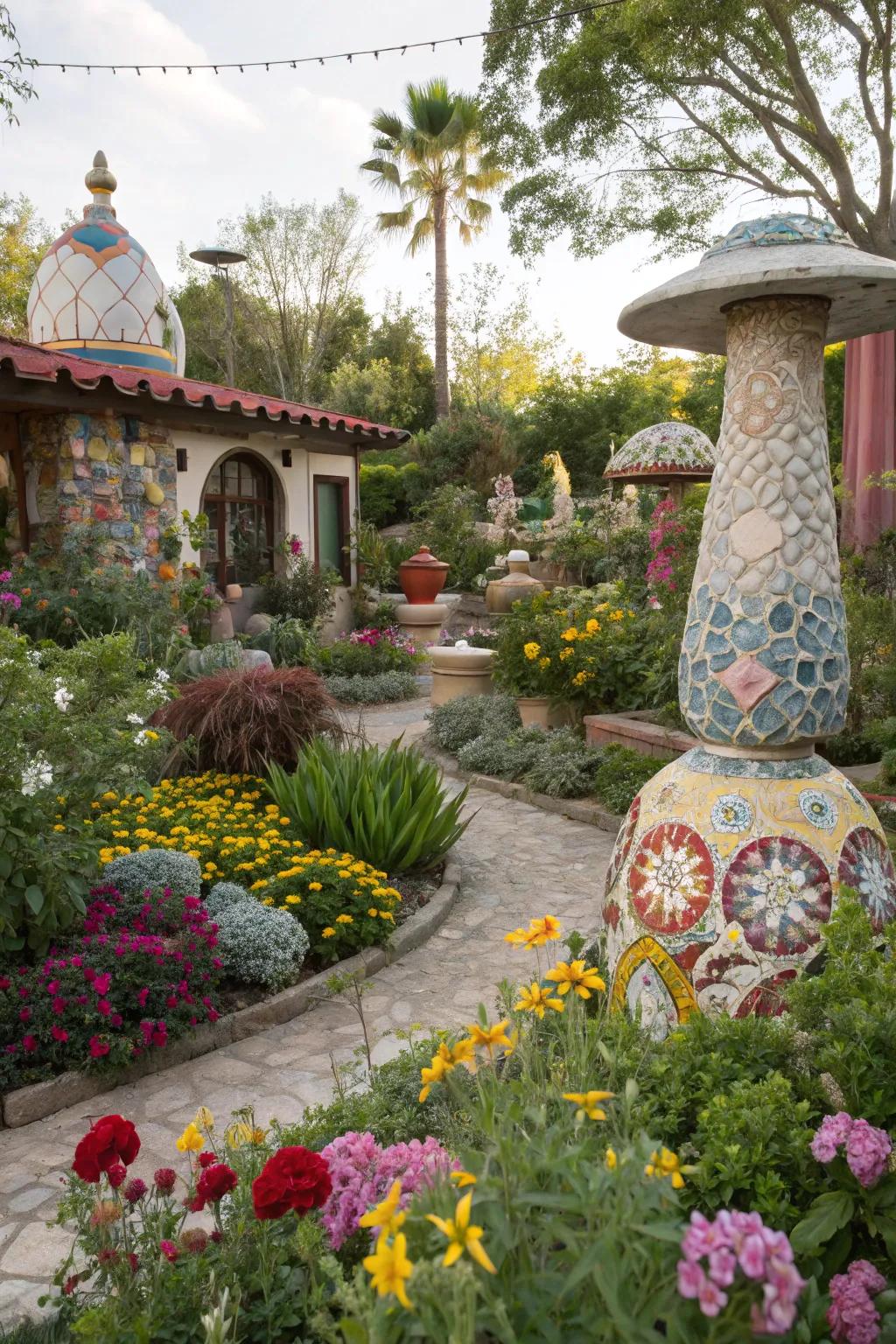 Artistic elements that add personality to a garden space.