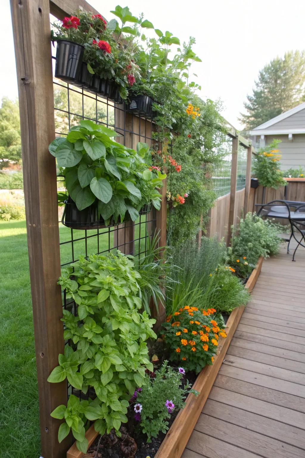 A space-saving vertical garden filled with herbs and flowers.