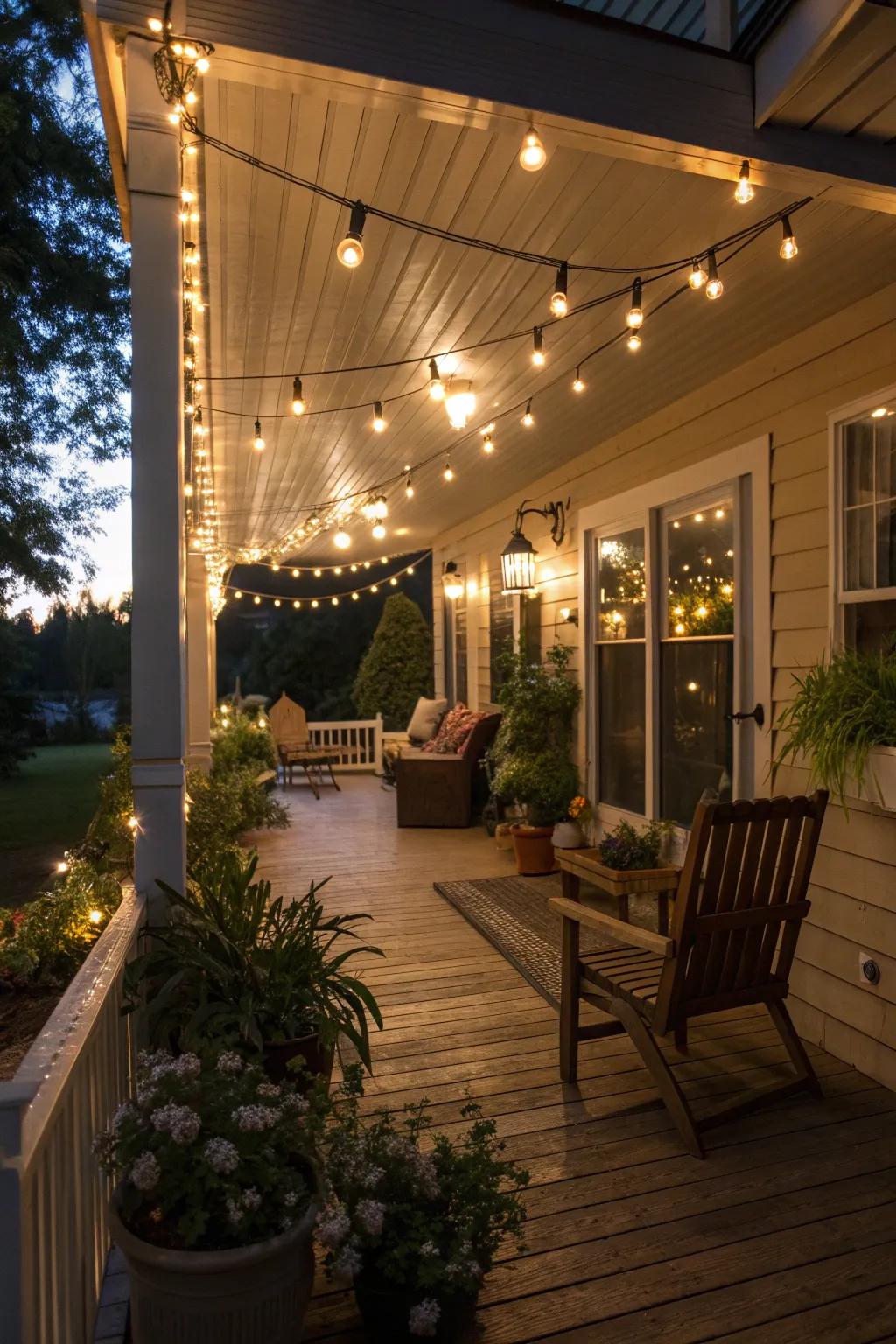Ambient lighting makes this back porch magical in the evening.