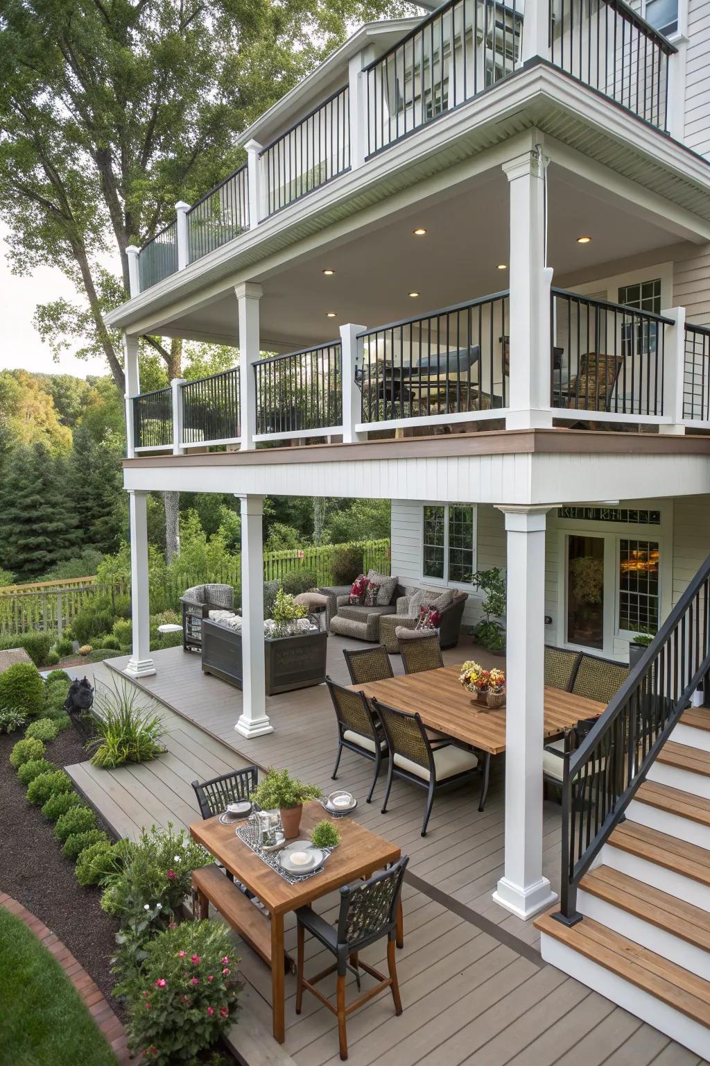 Multi-level decking defines distinct areas on this porch.