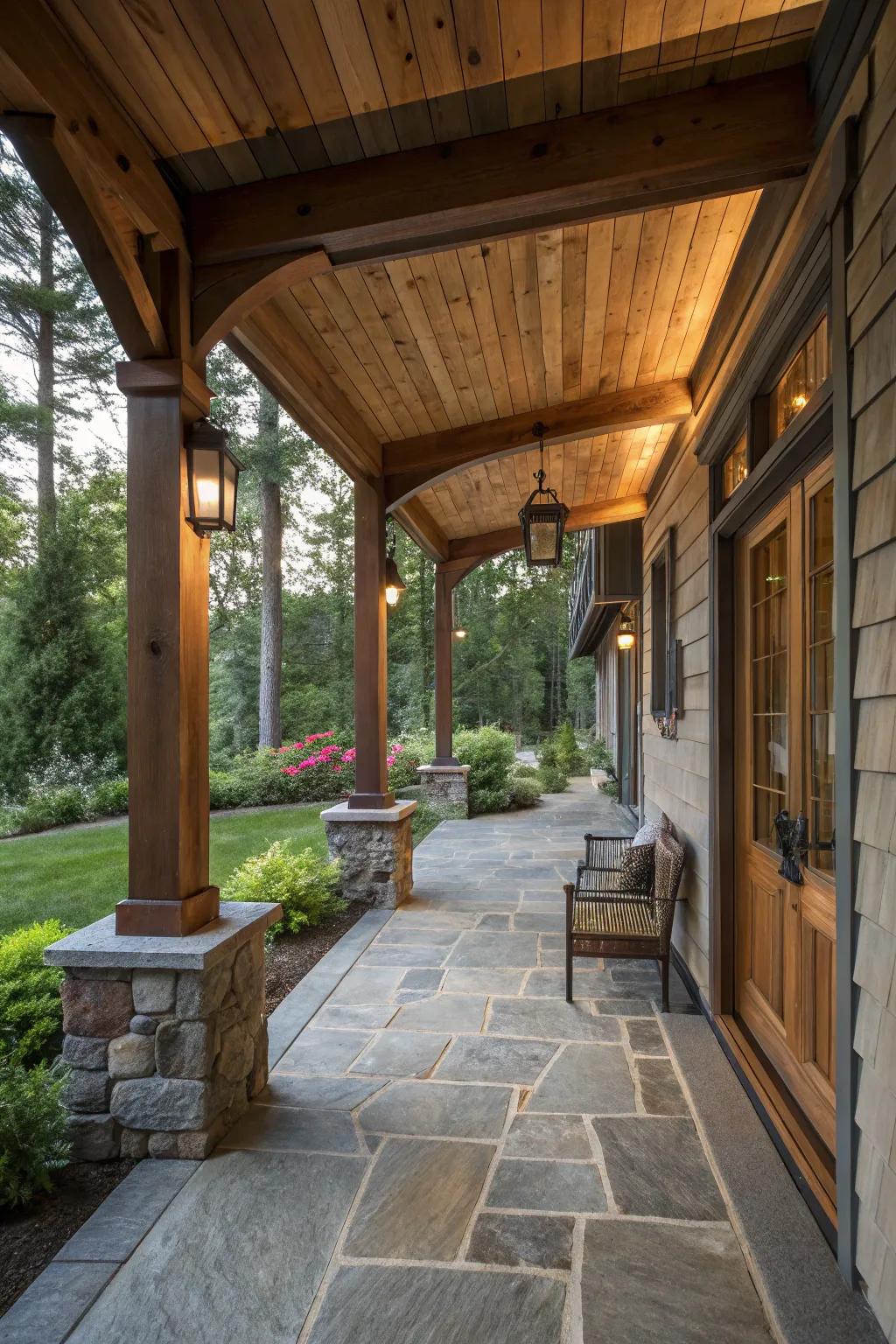 Natural materials create a warm and inviting porch atmosphere.