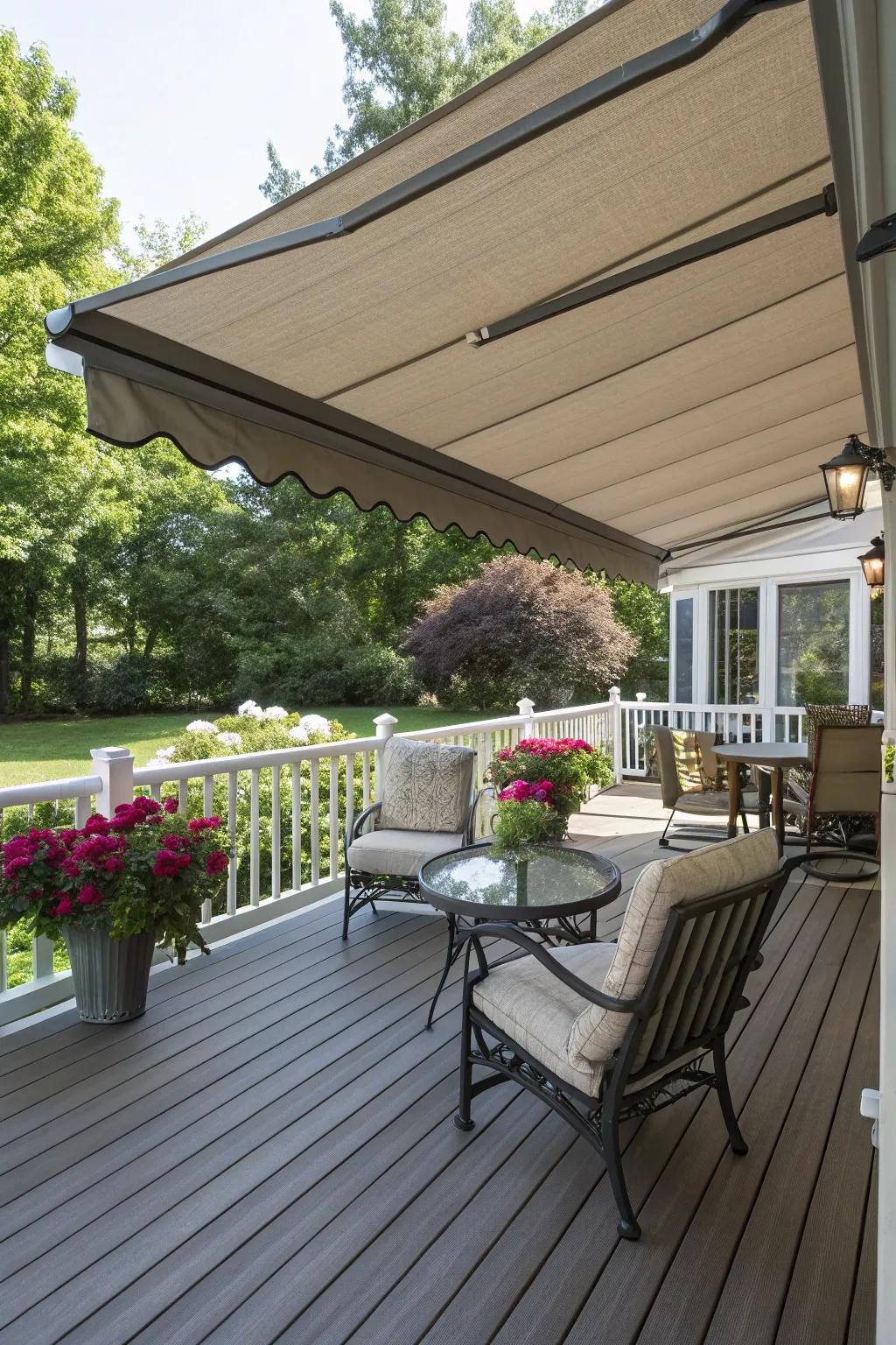 Retractable awnings offer versatile protection from the elements.