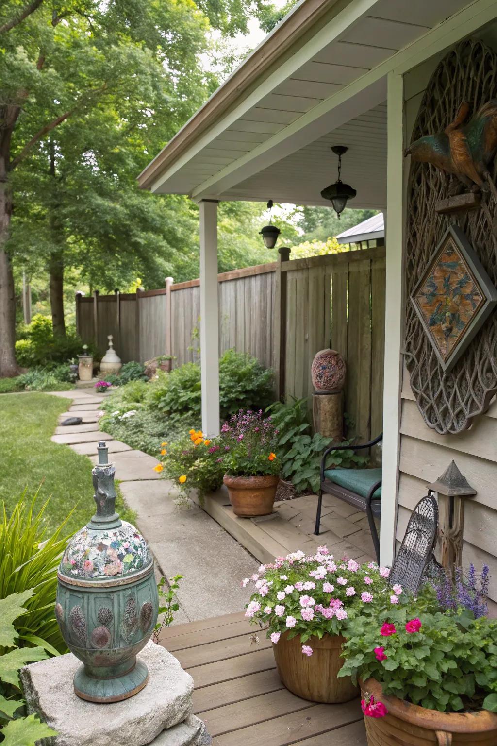 Art and sculptures personalize and enhance this back porch.