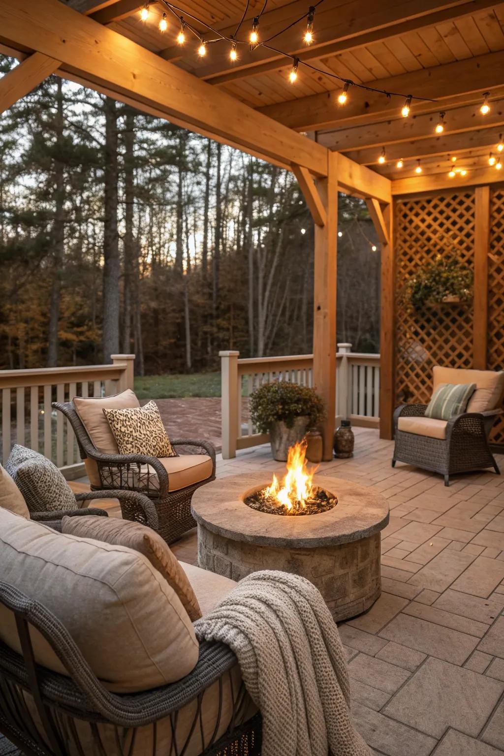 A fire feature adds warmth and ambiance to this back porch.