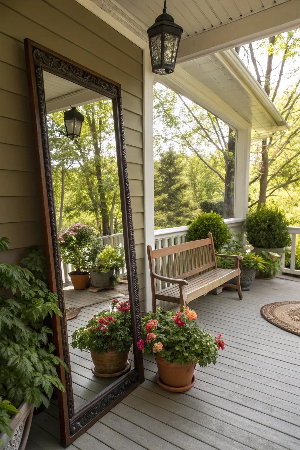 Mirrors expand the visual space and reflect beauty on this porch.