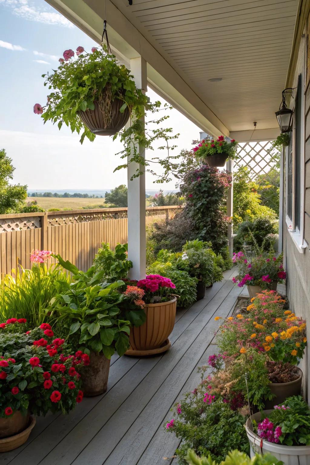 Vibrant potted plants brighten up this back porch.