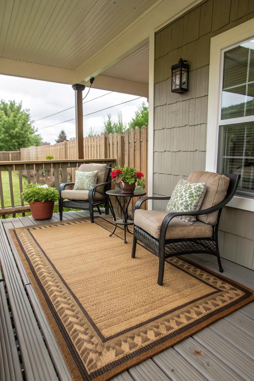 An outdoor rug defines this seating area beautifully.