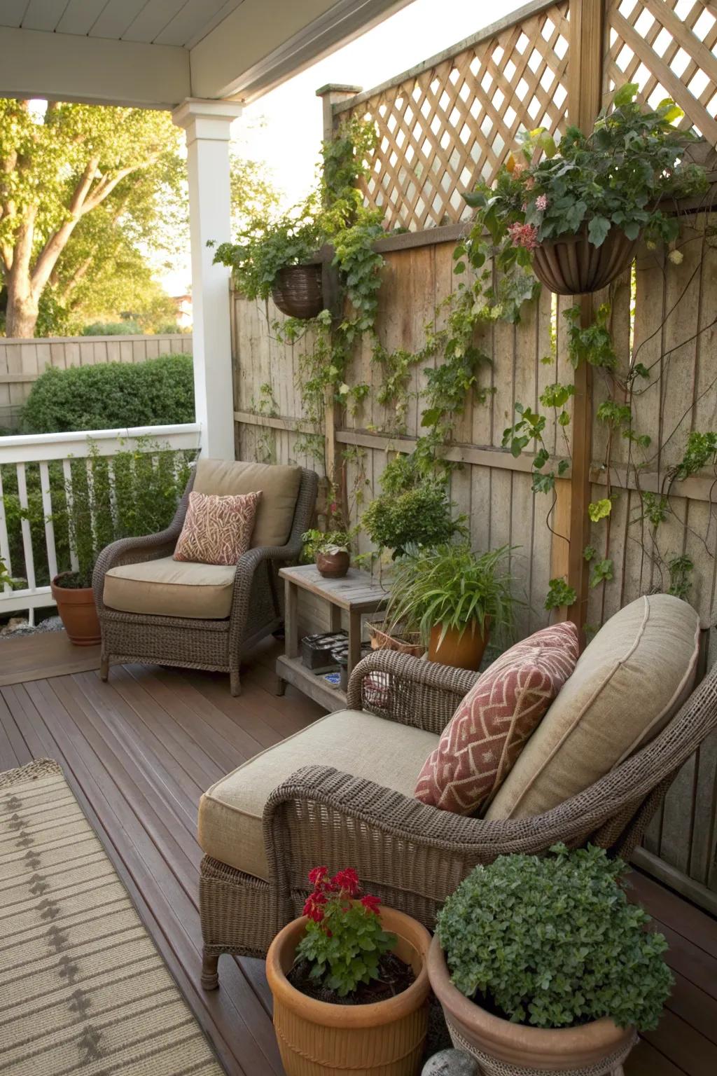Comfortable seating arrangement ideal for relaxation on a back porch.