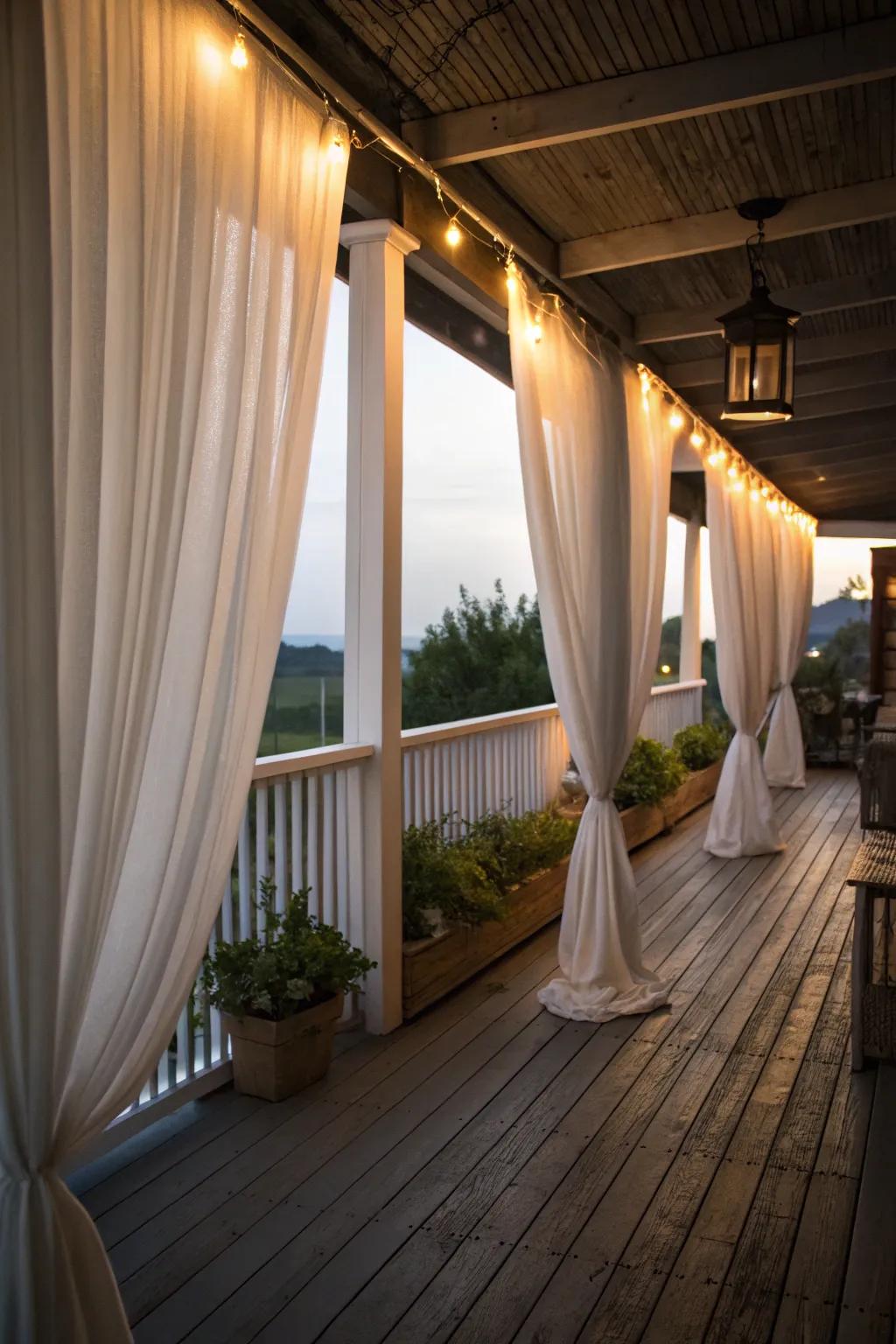 Draperies add a touch of elegance and privacy to this porch.