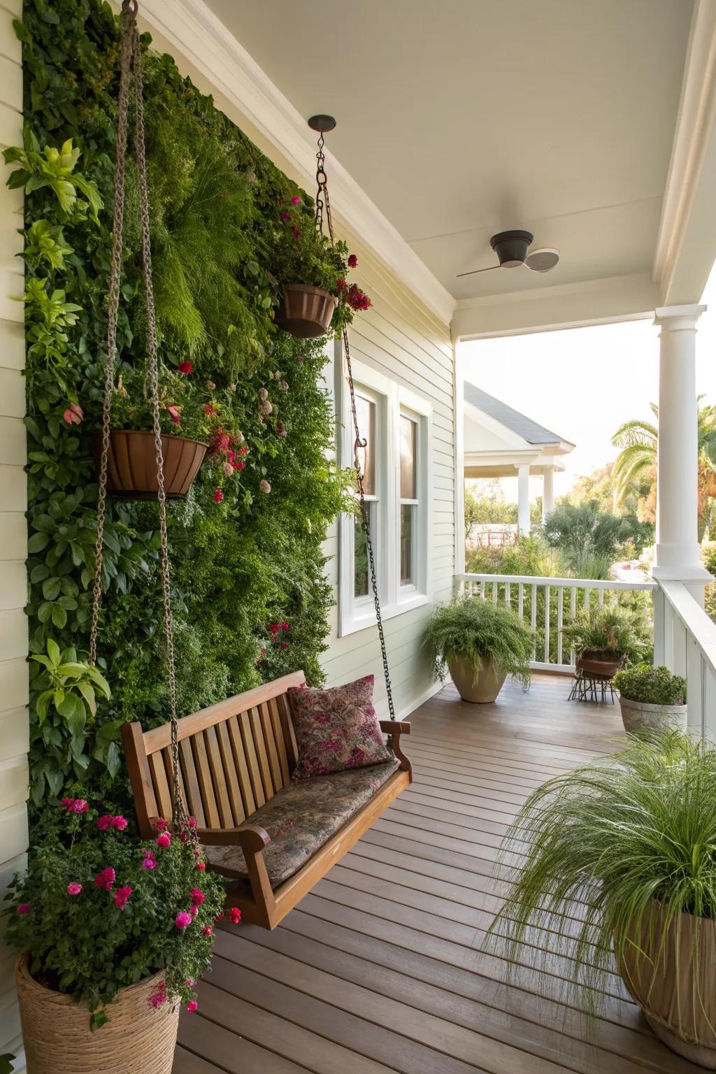 A green wall adds vibrant life and art to this back porch.