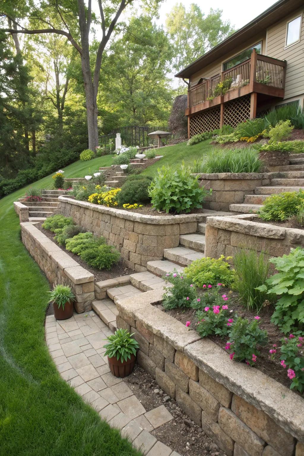 Tiered stone walls providing multiple levels for a dynamic backyard.